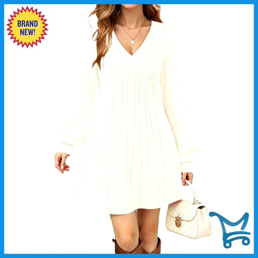 V Neck Cable Knit Sweater Dress Elegant Babydoll Mini A Line Chic